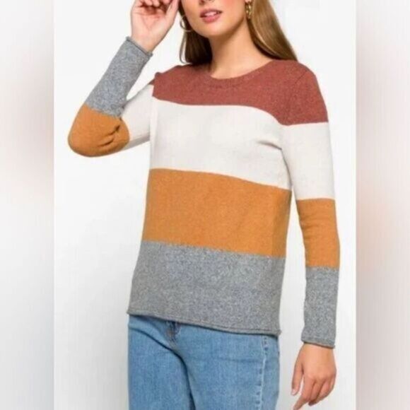 NWT Pinque Women’s Color Block Long Sleeve Crew Neck Sweater Brown/Cream - XL - Picture 1 of 7